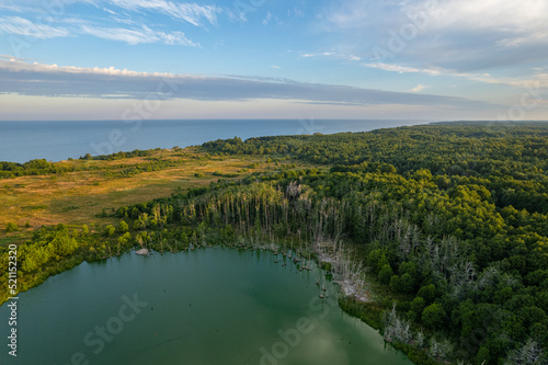 Aerial summer beautiful morning view of Plazė (Plocis) lake, near Klaipeda and Palanga, Lithuania