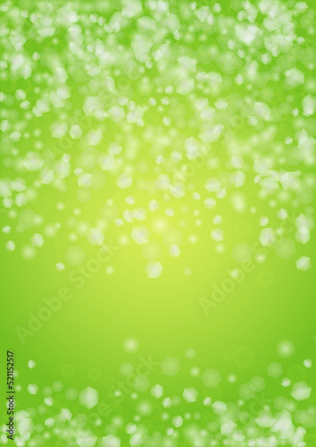 Abstract Green Background with Golden Circular Spot Lights. Vibrant Sunlight Summer and Spring Texture. Bokeh Blurry Template. Shiny Gradient Cover. Festive Christmass and New Year Snow on Green.