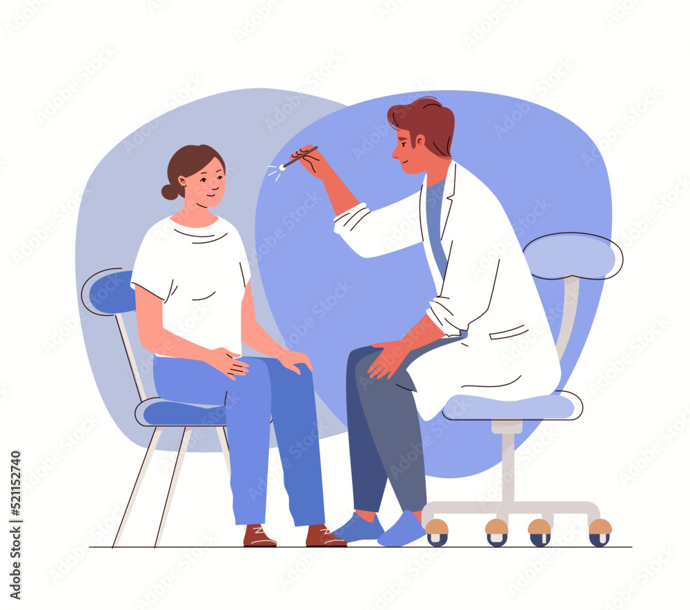 Male neurologist examines woman with injury, concussion, checks reaction of her eyes with flashlight. Patient on planned medical examination in hospital. Vector illustration.