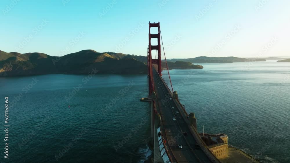 Aerial View Of Golden Gate Bridge And Viewpoint At Sunrise In San Francisco, California, USA. drone shot Aerial View Of Golden Gate Bridge And Viewpoint At Sunrise In San Francisco, California, USA. drone shot