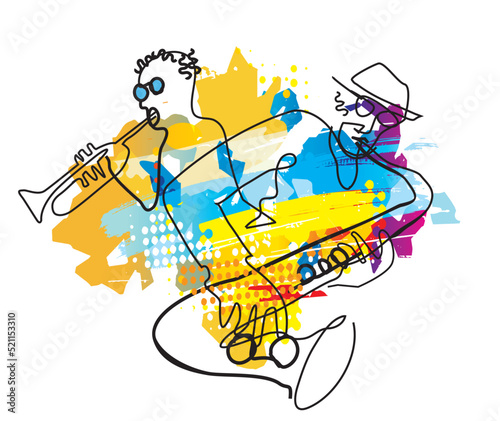 
 Jazz theme,expressive drawing, trumpet player and saxophonist.
 Expressive Illustration of two jazz musicians, continuous line drawing design. Isolated on white background. Vector available.