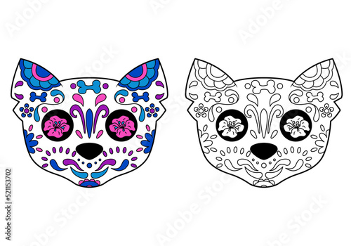 Cat sugar skull with coloring example. The day of the Dead. Coloring book, design element for poster, card, banner, print.