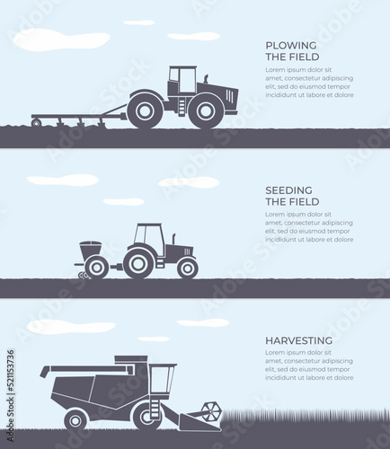 Agriculture.Different agricultural vehicles and machinery works on field.SVG.Harvester,tractor,seeder,plow. Banners set of agricultural equipment tillaging farmland. Isolated flat vector illustration