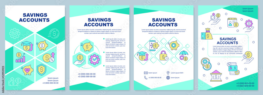 Naklejka premium Savings accounts mint brochure template. Money management. Leaflet design with linear icons. Editable 4 vector layouts for presentation, annual reports. Arial-Black, Myriad Pro-Regular fonts used