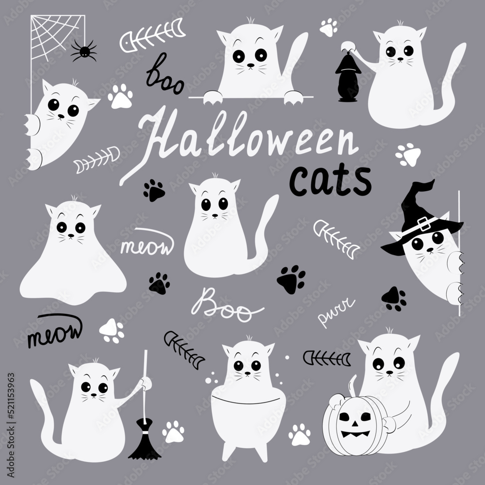 Happy Halloween, cat in monster costumes, Halloween party. Design elements for Halloween and Mexican holiday Day of the Dead.