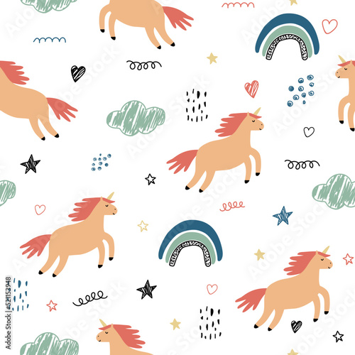 Seamless pattern with funny unicorn, rainbow and clouds. Baby drawing, doodle for kids textile.