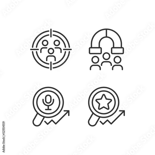Audience research and analysis pixel perfect linear icons set. Customer segmentation. Voice search. Customizable thin line symbols. Isolated vector outline illustrations. Editable stroke