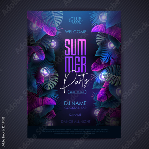 Summer tropic disco party poster with fluorescent tropic leaves and modern electric lamps. Nature concept. Summer background. Vector illustration