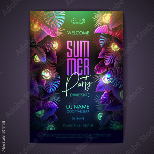 Summer tropic disco party poster with fluorescent tropic leaves and modern electric lamps. Nature concept. Summer background. Vector illustration