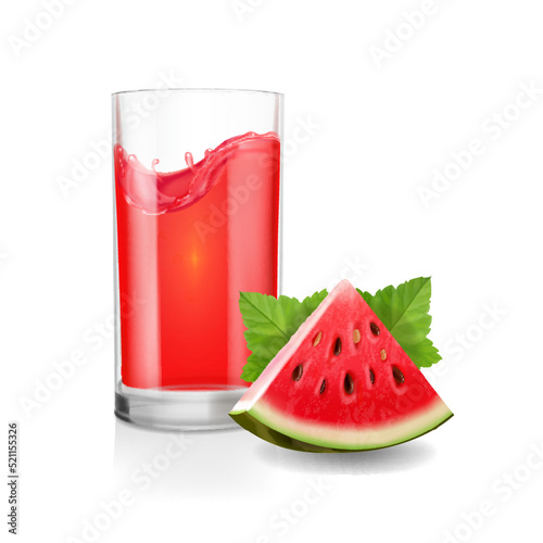 Fresh watermelon slice and watermelon fresh juice in drinking glass 3d vector