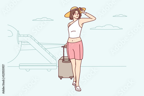 Happy woman with suitcase in airport ready for summer vacation. Smiling girl in hat with baggage excited about summertime holidays. Vector illustration. 