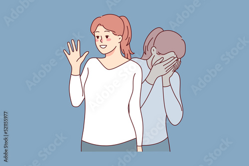 Girl pretending happy and smiling suffering from depression mental breakdown. Young woman struggle with psychology problems inside. Vector illustration. 