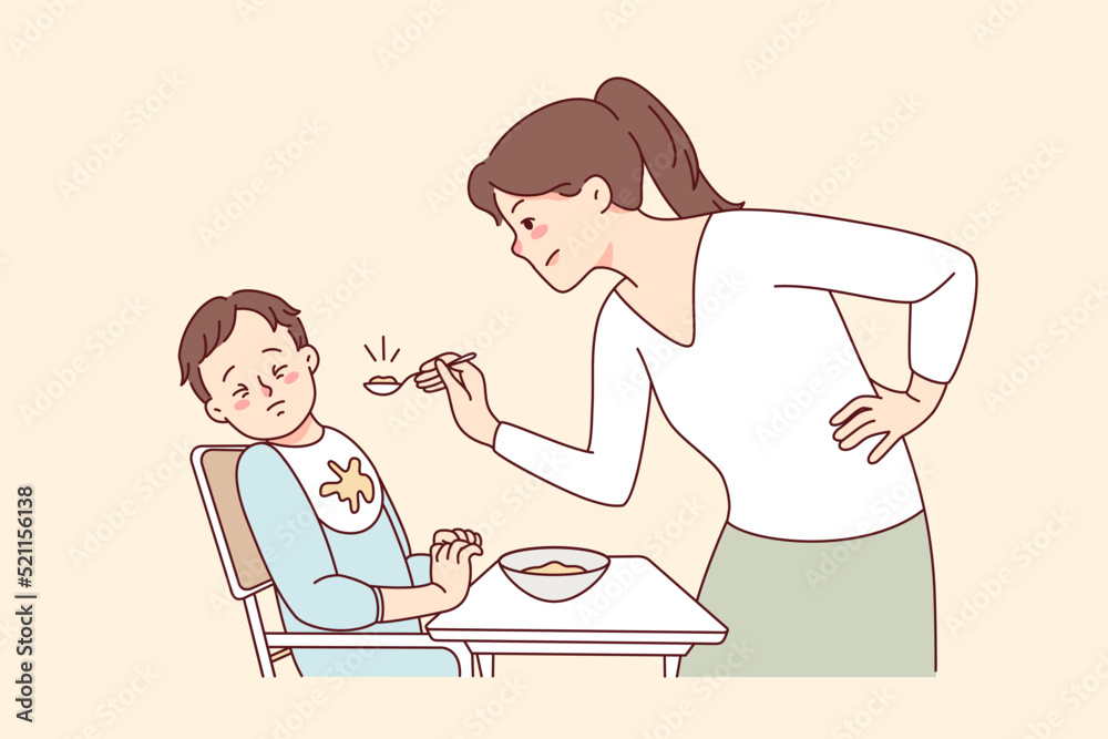 Stubborn baby refuse eating food. Mother feed ill-behaved toddler at home. Parenthood and children upbringing problems. Vector illustration. Stubborn baby refuse eating food. Mother feed ill-behaved toddler at home. Parenthood and children upbringing problems. Vector illustration.