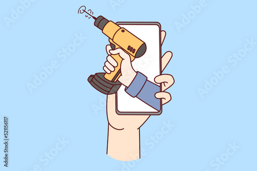 Person holding smartphone with mechanic on screen. Concept of online repair and fixing manual. Vector illustration. 