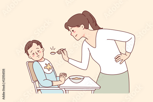 Stubborn baby refuse eating food. Mother feed ill-behaved toddler at home. Parenthood and children upbringing problems. Vector illustration. 