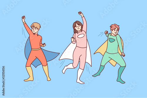 Happy children in superheroes costumer playing together outside. Smiling kids in hero suits enjoy masquerade or carnival. Childhood. Vector illustration. 