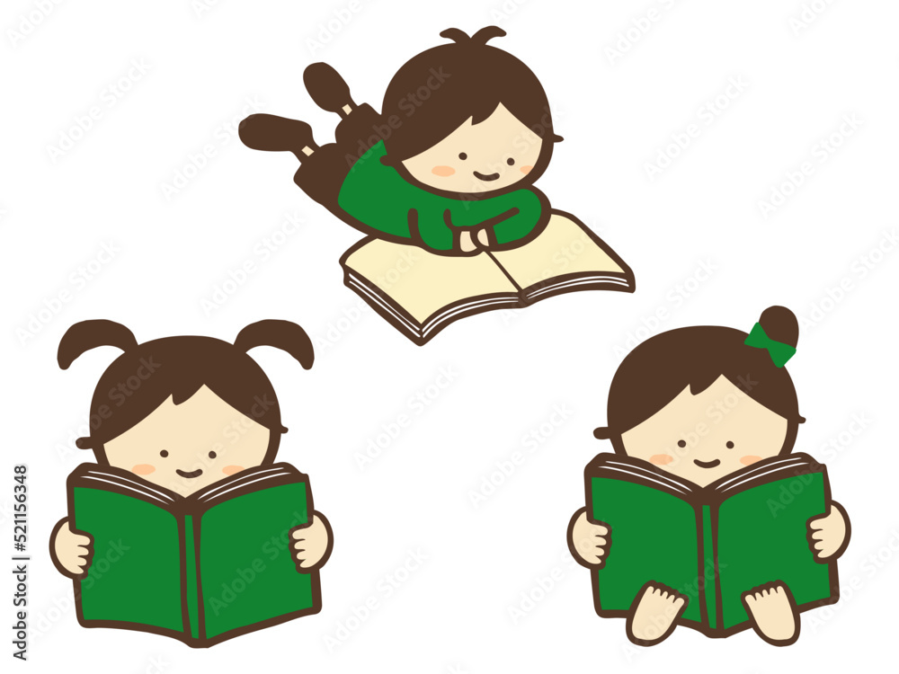 かわいい読書をする子どものセット素材/手描きイラスト素材 かわいい読書をする子どものセット素材/手描きイラスト素材