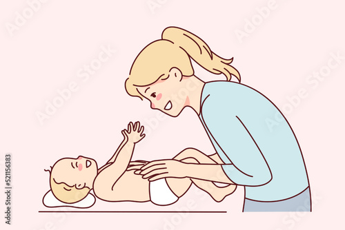 Smiling young mother playing with newborn baby. Happy mom have fun caress infant on table. Motherhood and parenthood. Vector illustration. 