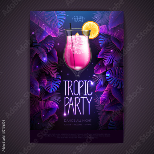 Summer tropic cocktail party poster with fluorescent tropic leaves. Nature concept. Summer background. Vector illustration