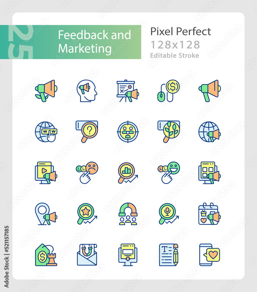 Feedback and marketing pixel perfect RGB color icons set. Advertising optimization. Customer engagement. Isolated vector illustrations. Simple filled line drawings collection. Editable stroke
