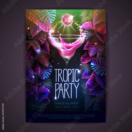 Summer tropic cocktail party poster with fluorescent tropic leaves and disco ball. Nature concept. Summer background. Vector illustration