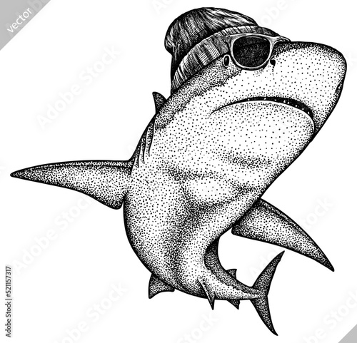 Vintage engrave isolated dressed fashion saw fish set illustration costume killer whale ink sketch. Wild new hat sunglasses hipster hammer shark background line glasses dolphin vector art