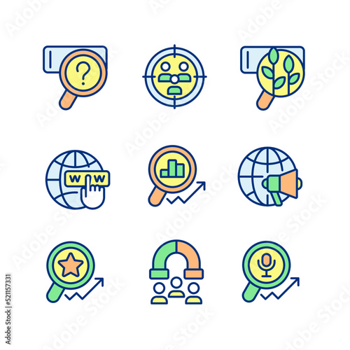 Target market analysis pixel perfect RGB color icons set. Customers attracting to business. Worldwide marketing. Isolated vector illustrations. Simple filled line drawings collection. Editable stroke