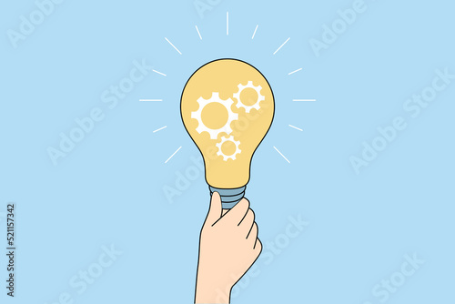 Person holding lightbulb generate creative business idea. Businessperson with light bulb brainstorm solve problem. Solution and innovation. Vector illustration. 
