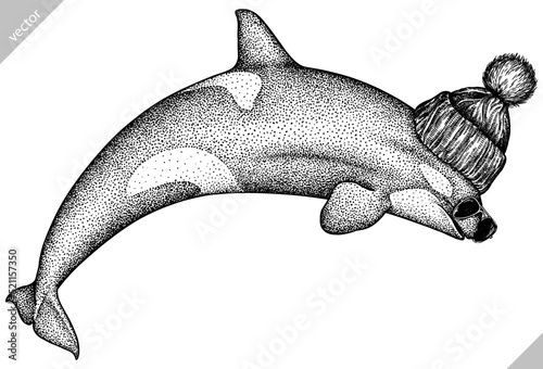 Vintage engrave isolated dressed fashion saw fish set illustration costume killer whale ink sketch. Wild new hat sunglasses hipster hammer shark background line glasses dolphin vector art