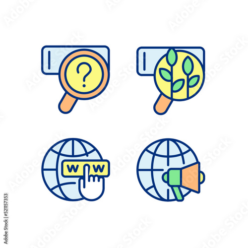 Search engine marketing pixel perfect RGB color icons set. Web queries. Natural SEO. Website. Promoting globally. Isolated vector illustrations. Simple filled line drawings collection. Editable stroke