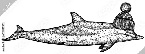 Vintage engrave isolated dressed fashion saw fish set illustration costume killer whale ink sketch. Wild new hat sunglasses hipster hammer shark background line glasses dolphin vector art