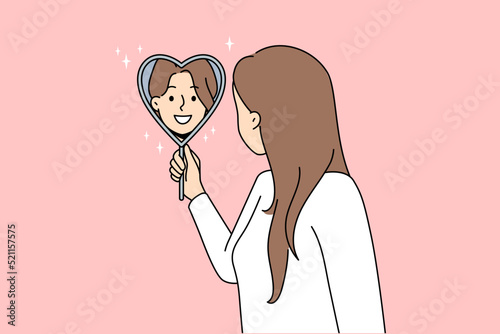 Smiling woman look in heart shaped mirror satisfied with reflection. Concept of self-love and self-acceptance. Vector illustration. 