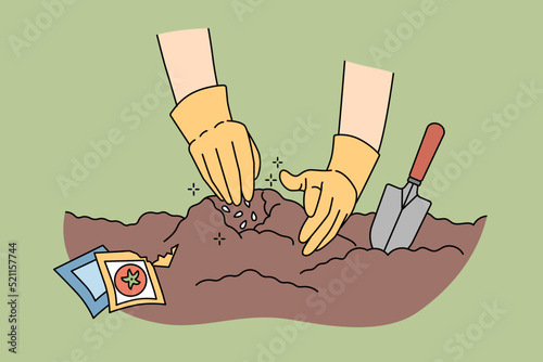 Farmer hands working in ground plating seedling in soil. Person gardener busy at garden with plants and horticulture. Agriculture and farming. Vector illustration. 