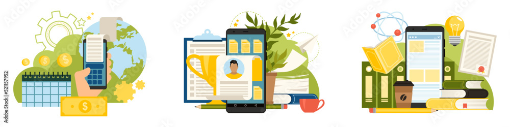 Office infographic set. Smartphone, money, files, folders, computer ...