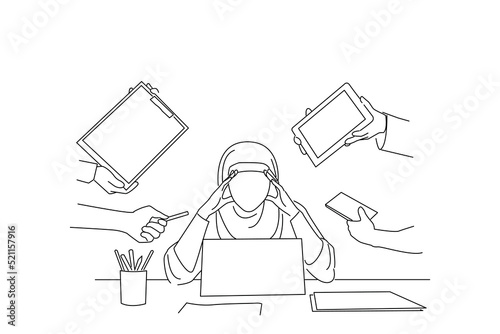 Drawing of Multitasking and Overworked Asian Muslim Businesswoman Tired Of Multiple Tasks At Work In Modern Office. Outline drawing style art