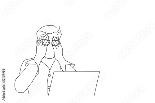 Drawing of young man in glasses covering face eyes with both hands. line art style