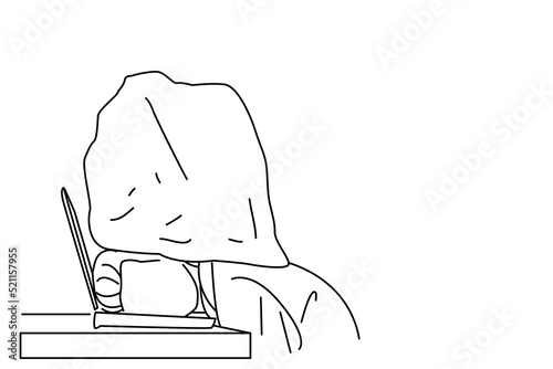 Cartoon of Young businessman with his head squeezed between a laptop keyboard and a rock. Outline drawing style art