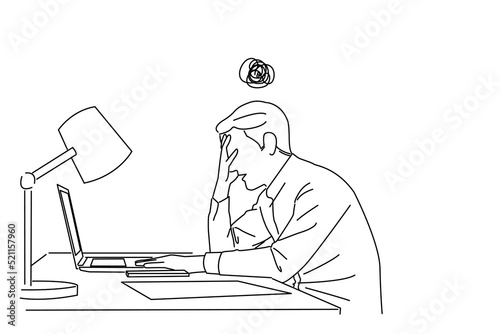 Illustration of Tired worker having problem. Man makes dumb mistake has difficulty. line art style