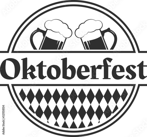 Oktoberfest logo or label. Beer festival emblem design. Bavaria fest icon or sign with beer mugs. Vector illustration.