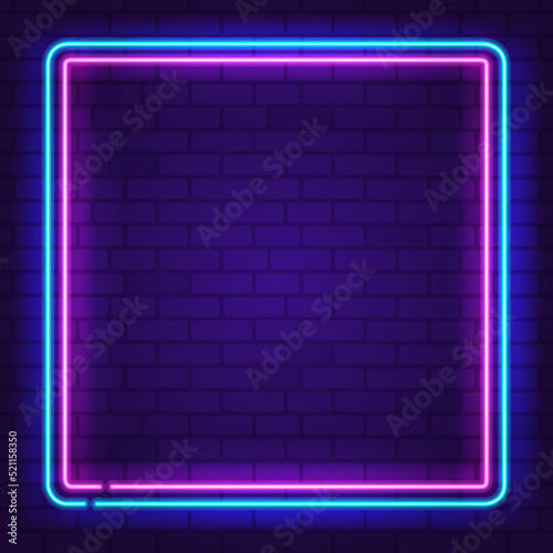 Square neon frame Pink and Blue colors at purple brick wall background. Glowing neon frame in retro 80s - 90s style. Colored neon sign with empty space. Editable Vector
