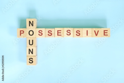Possessive nouns concept in English grammar education. Wooden block crossword puzzle flat lay in blue background.	 photo