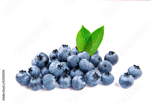 Blueberries with leaves isolated on white backgrounds.
