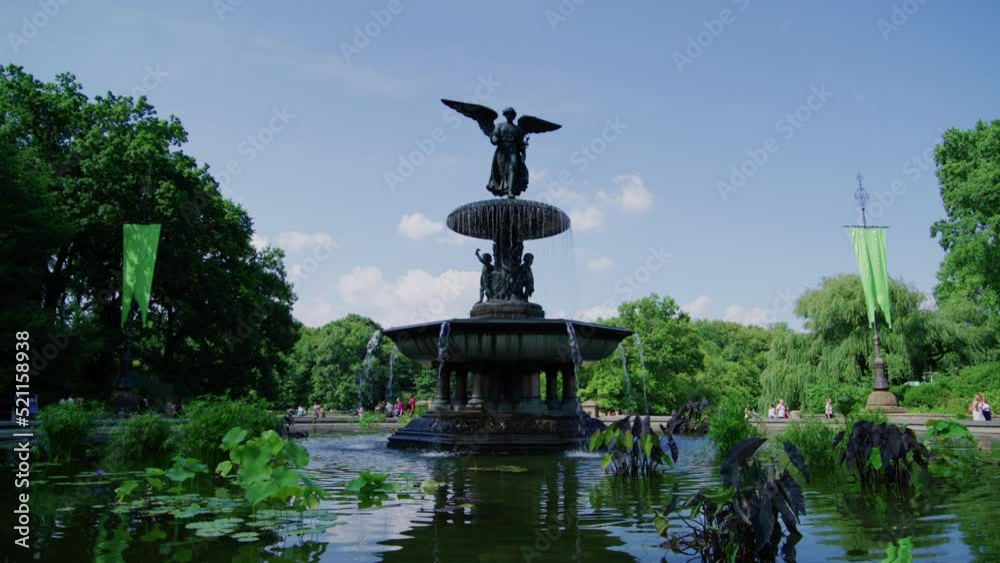 Fountain with Angel of the Waters statue. Bethesda Terrace. Lake in New York City's Central Park. USA. Summer, daytime. High quality 4k footage Fountain with Angel of the Waters statue. Bethesda Terrace. Lake in New York City's Central Park. USA. Summer, daytime. High quality 4k footage