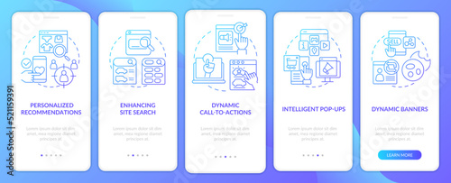 Examples of dynamic content blue gradient onboarding mobile app screen. Walkthrough 5 steps graphic instructions with linear concepts. UI, UX, GUI template. Myriad Pro-Bold, Regular fonts used