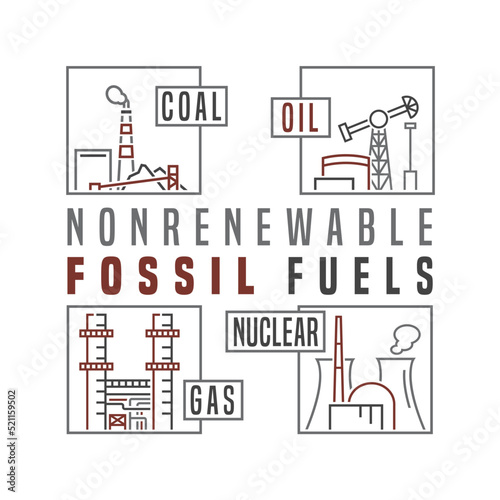 Non-renewable sources of energy. Linear vector illustration with pictograms