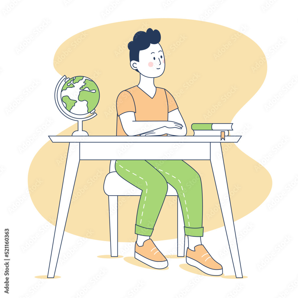 Boy sitting at a desk. Smiling boy studies at school. Line art.