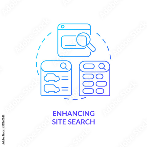 Enhancing site search blue gradient concept icon. Way to use dynamic content abstract idea thin line illustration. Results optimization. Isolated outline drawing. Myriad Pro-Bold font used