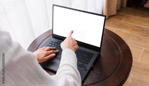 Person working at a laptop, close-up of hands and computer screen, remote work on a light background. photo