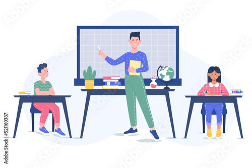 Male teacher by the blackboard and pupils studying in a classroom. Concept illustration for education, back to school.