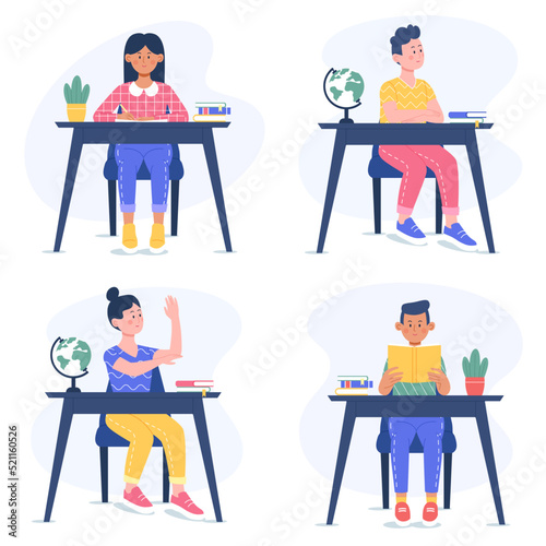 Set of pupils at a desk. Boys and girls are studying, reading, and writing at school.